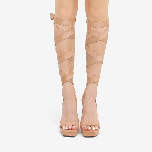 DREAM PAIRS size 7.5 Chunky High Heel Strappy Platform Sandals nude suede NWOB - Picture 6 of 12